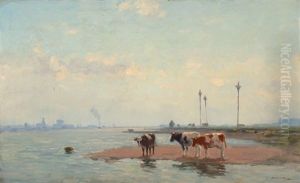 Cows On The Water's Edge by Bernardus Antonie Van Beek