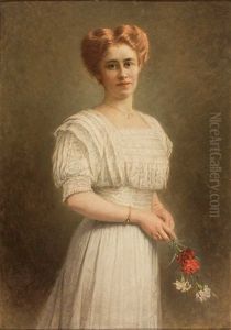 Portrait Einer Jungen Frau Im Weisen Spitzenkleid Mit Nelken