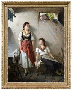 Italienische Waschfrauen Schakern Mit Einem Mann Am Fenster by Theodor Von Der Beek