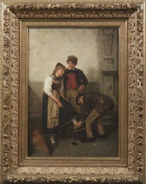 Am Rande Eines Eingangsportals Last Sich Ein Junges Madchen In Tracht Von Einem Schuhputzer - view 1