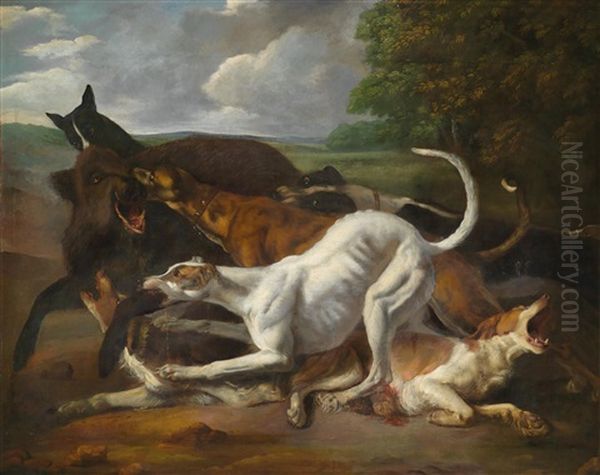 Jagdhunde Einen Keiler Stellend - view 1