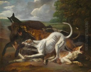 Jagdhunde Einen Keiler Stellend Jagdhunde Einen Keiler Stellend