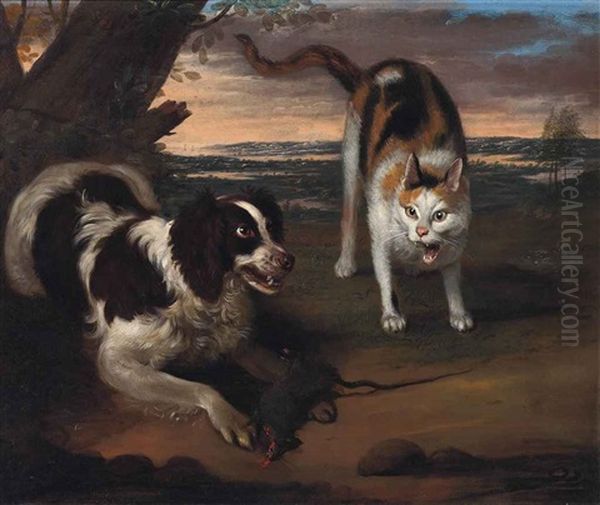 A Spaniel Protecting His Catch From A Cat - view 1