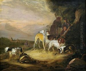 Drei Jager Mit Ihrer Hundemeute by Adriaen Cornelisz Beeldemaker