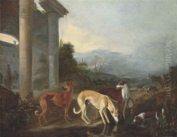 A Mountainous Landscape With Hounds Watering By A Classical Building - view 1