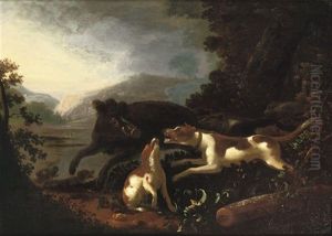 Hounds Attacking A Boar In A Hilly River Landscape by Adriaen Cornelisz Beeldemaker