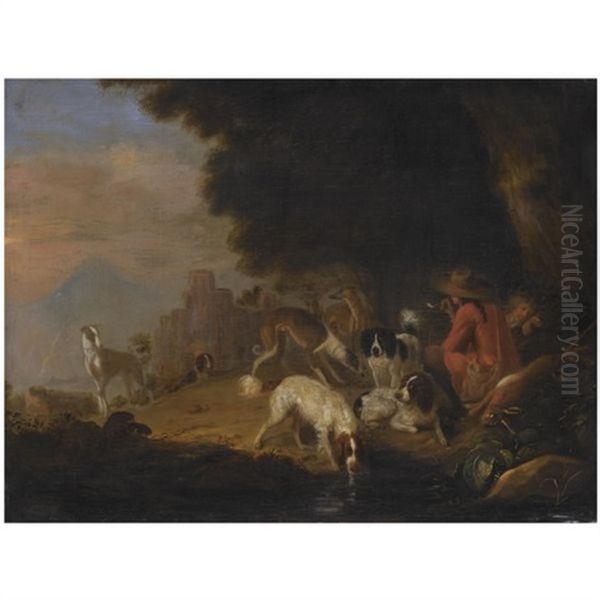 A Wooded Landscape With Two Huntsmen And Their Hounds Resting Near A Stream - view 1
