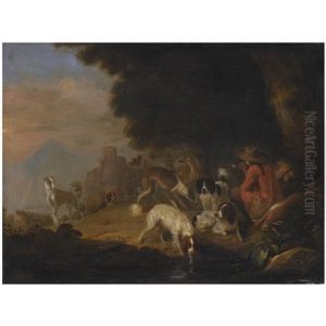A Wooded Landscape With Two Huntsmen And Their Hounds Resting Near A Stream by Adriaen Cornelisz Beeldemaker
