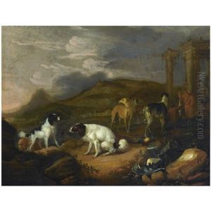 A Southern Landscape With Three Spaniels And Other Hounds, Two Huntsmen With A Dead Hare In The Background, Near Classical Ruins A Southern Landscape With Three Spaniels And Other Hounds, Two Huntsmen With A Dead Hare In The Background, Near Classical Ruins
