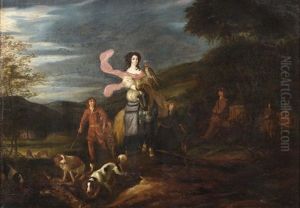 Jeune Femme Chassant Au Faucon Et Entouree De Ses Epagneuls by Adriaen Cornelisz Beeldemaker