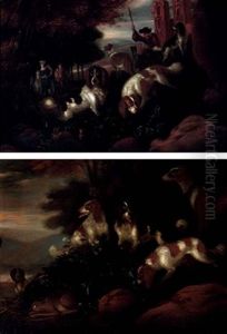Hounds Staking Out The Hiding Place Of A Rabbit (+ A Hunter With His Dog Near A Ruined Church; 2 Works) by Adriaen Cornelisz Beeldemaker