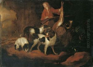 Nach Der Jagd. Jager Mit Hunden Und Erlegtem Wild