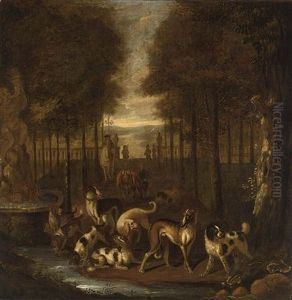 Spaniels And Other Hounds In A Park Setting Next To A Fountain, A Sportsman And A Traveller Beyond by Adriaen Cornelisz Beeldemaker