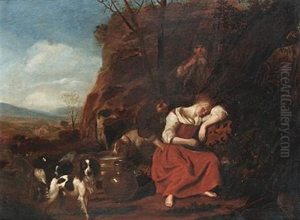 Two Men Trying To Wake A Sleeping Shepherdess With Spaniels And A Lurcher Nearby - view 1