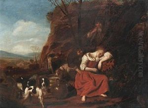 Two Men Trying To Wake A Sleeping Shepherdess With Spaniels And A Lurcher Nearby