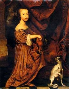 Portrait Of A Young Lady, Full-length, In An Orange Dress, Holding Two Appeltjes Van Oranje In Her Right Hand, Her Dog Beside Her, On A Terrace Portrait Of A Young Lady, Full-length, In An Orange Dress, Holding Two Appeltjes Van Oranje In Her Right Hand, Her Dog Beside Her, On A Terrace