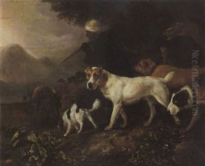Huntsmen With A Servant, Horses And Hounds On A Path by Adriaen Cornelisz Beeldemaker