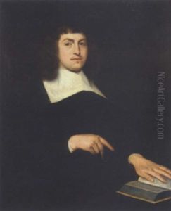 Portrait Of A Gentleman In A Black Costume With A White Collar, His Right Hand Pointing To A Book On A Table