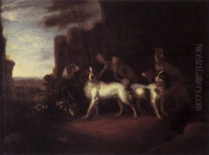 Spaniels And A Lurcher Before A Ruin Spaniels And A Lurcher Before A Ruin