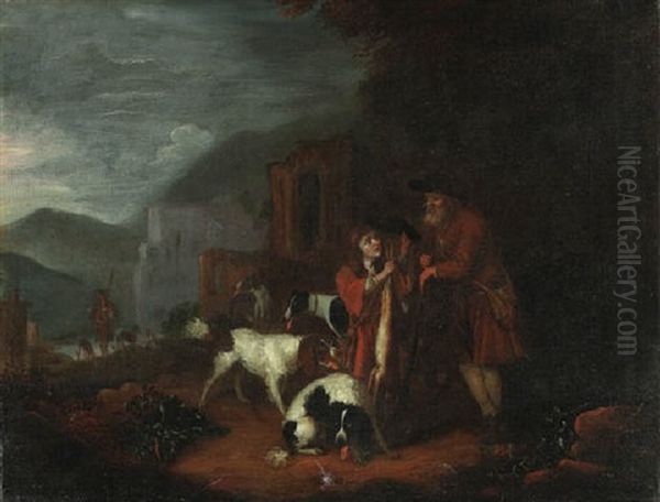 A Man, A Boy And Their Dogs Returning From The Hunt, With Architectural Ruins In A Landscape Beyond - view 1