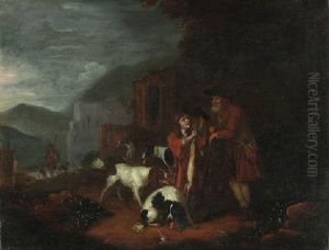 A Man, A Boy And Their Dogs Returning From The Hunt, With Architectural Ruins In A Landscape Beyond by Adriaen Cornelisz Beeldemaker
