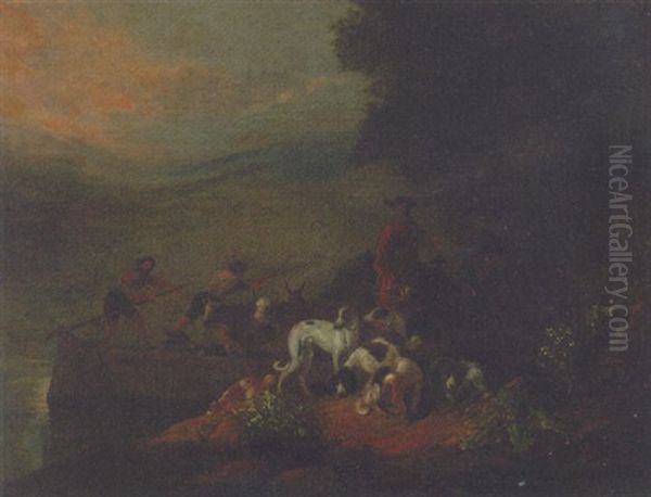 A Huntsman With Dogs In A Wooded Lake Landscape - view 1