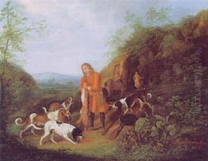 Jager Mit Seinen Hunden In Einer Bewaldeten Landschaft Jager Mit Seinen Hunden In Einer Bewaldeten Landschaft