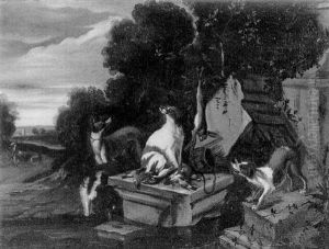 A Hunting Still Life With Dogs Guarding Their Prey, A Hunter Walking On A Path In The Background by Adriaen Cornelisz Beeldemaker