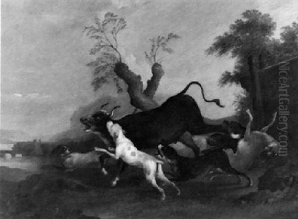 Hounds Chasing A Bull In A Mountainous Landscape - view 1