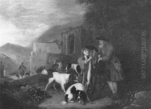 A Hunting Scene With A Boy Presenting A Hare To An Old Man With Dogs In An Italianate Landscape by Adriaen Cornelisz Beeldemaker