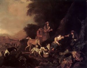 A Wooded Landscape With Hunters And Their Dogs Gathered Round A Sleeping Maiden