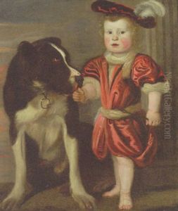 Portrait Of A Boy, In A Red Tunic With A Red Plumed Hat, Holding Spear With A Dog Beside Him, A Landscape Beyond