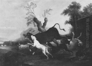 Jagdhunde Hetzen Einen Stier by Adriaen Cornelisz Beeldemaker