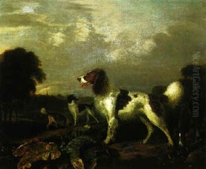 Wooded Landscape With Spaniels, A Huntsman Beyond by Adriaen Cornelisz Beeldemaker