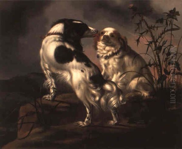 A Marlborough And A Liver And White Spaniel In A Rocky Mountain Landscape - view 1