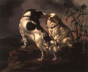 A Marlborough And A Liver And White Spaniel In A Rocky Mountain Landscape by Adriaen Cornelisz Beeldemaker
