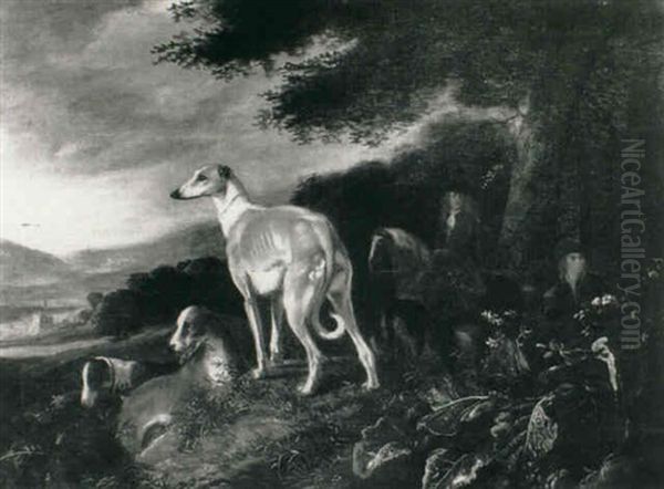 Sportsmen With Greyhounds In A Landscape - view 1