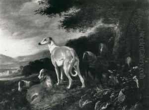 Sportsmen With Greyhounds In A Landscape