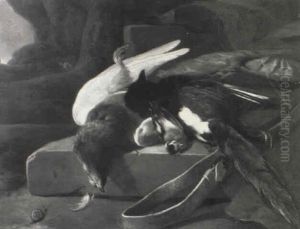 A Goldfinch, Magpie And Other Birds On A Stone Ledge, A Rocky Landscape Beyond by Adriaen Cornelisz Beeldemaker