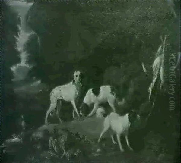 Hounds Guarding Hunting Trophies Hanging From A Tree Beside A Rocky Outcrop - view 1