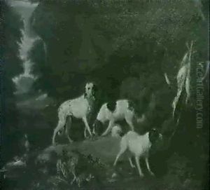 Hounds Guarding Hunting Trophies Hanging From A Tree Beside A Rocky Outcrop