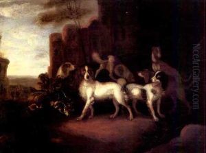 Spaniels And A Hound On A Path With Buildings And Travellers Beyond by Francois Beeldmaker