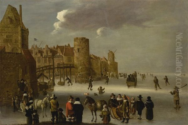 A Winter Scene With Skaters On A Frozen Canal, A Townscape At Left - view 1