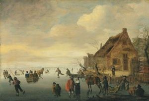 A Winter Landscape With Horse-drawn Sledges And Figures Skating On A Frozen Lake By A Rural Village