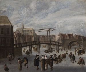 Haarlem In Winter With Skaters On The Spaarne River, And A View Of St. Bavo Cathedral Beyond And The Duckling Gate At Left by Cornelis Beelt