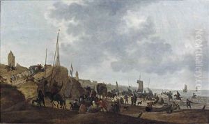 The Beach Of Scheveningen With The Carriage Of King Charles Ii Arriving Amongst Numerous Figures by Cornelis Beelt