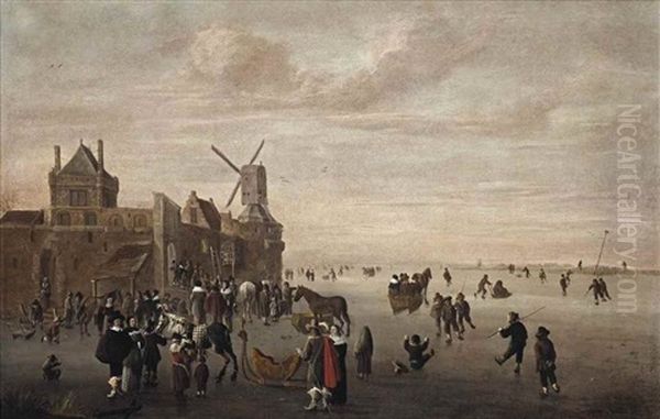 A Winter Landscape With Figures Skating, Sleigh Riding And Conversing On The Ice Near A Town Wall - view 1