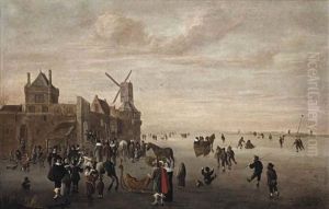 A Winter Landscape With Figures Skating, Sleigh Riding And Conversing On The Ice Near A Town Wall by Cornelis Beelt