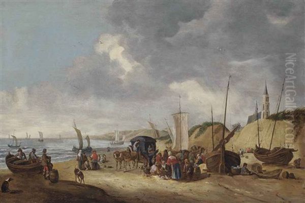 Figures Resting On A Shore With Boats And A Horse-drawn Carriage, Other Sailing Vessels At Sea And A Church Beyond - view 1