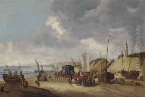 Figures Resting On A Shore With Boats And A Horse-drawn Carriage, Other Sailing Vessels At Sea And A Church Beyond by Cornelis Beelt